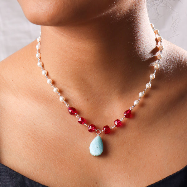 Multicolour Stone Necklace with Pearl Ganthan