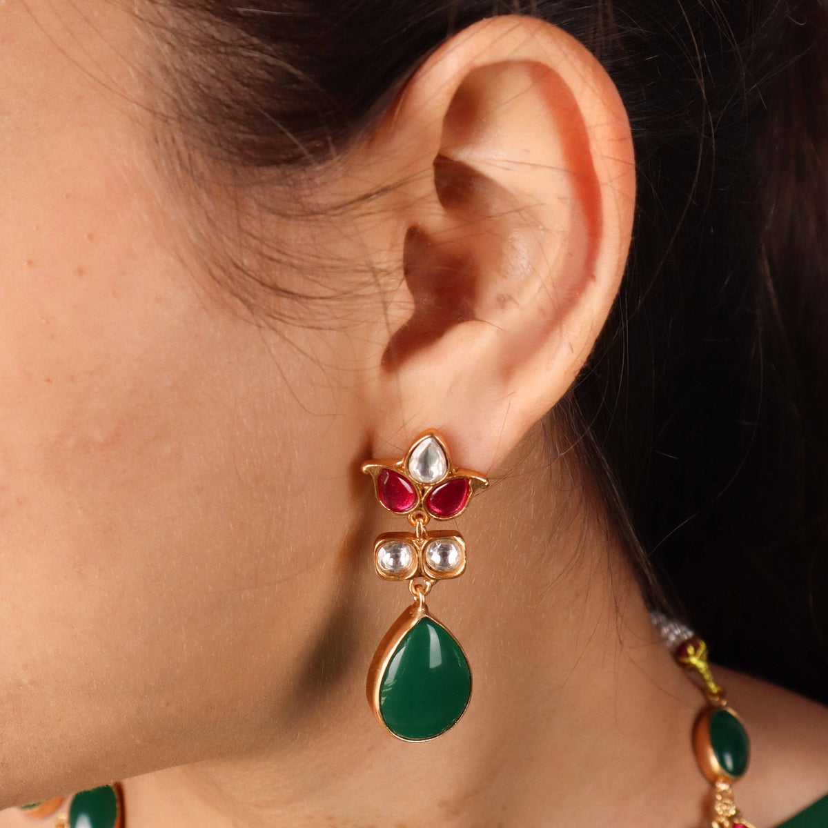 Model wearing 22K Gold Plated Fashion Set for a sophisticated and elegant jewellery look