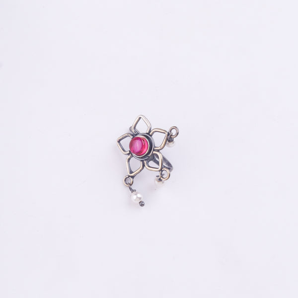 Oxidised Pink Flower Clip-On Nose Pin (Large)