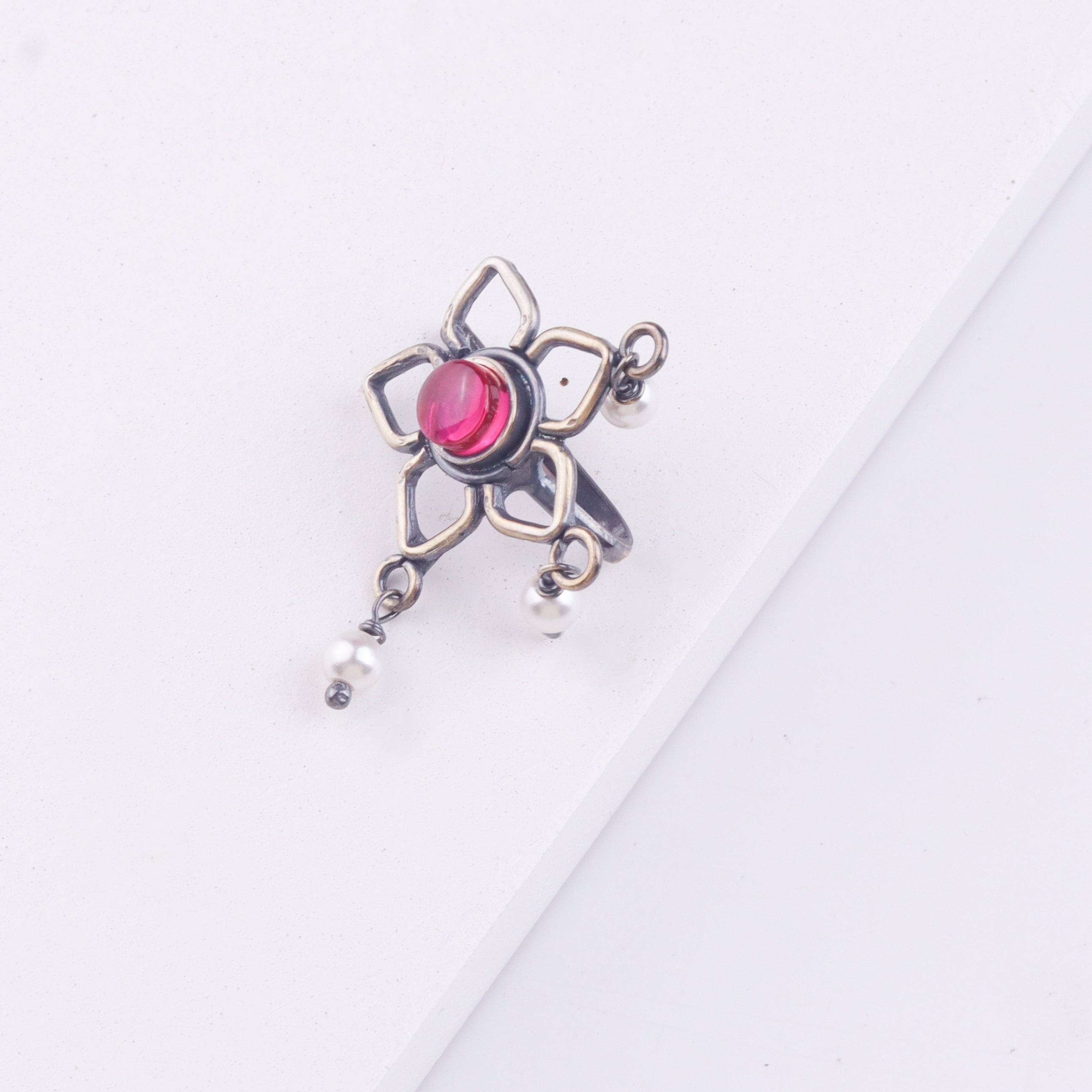 Oxidised Pink Flower Clip-On Nose Pin (Large)