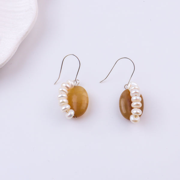 Yellow Agate & Freshwater Pearl Silver Earrings (Project Handmade)