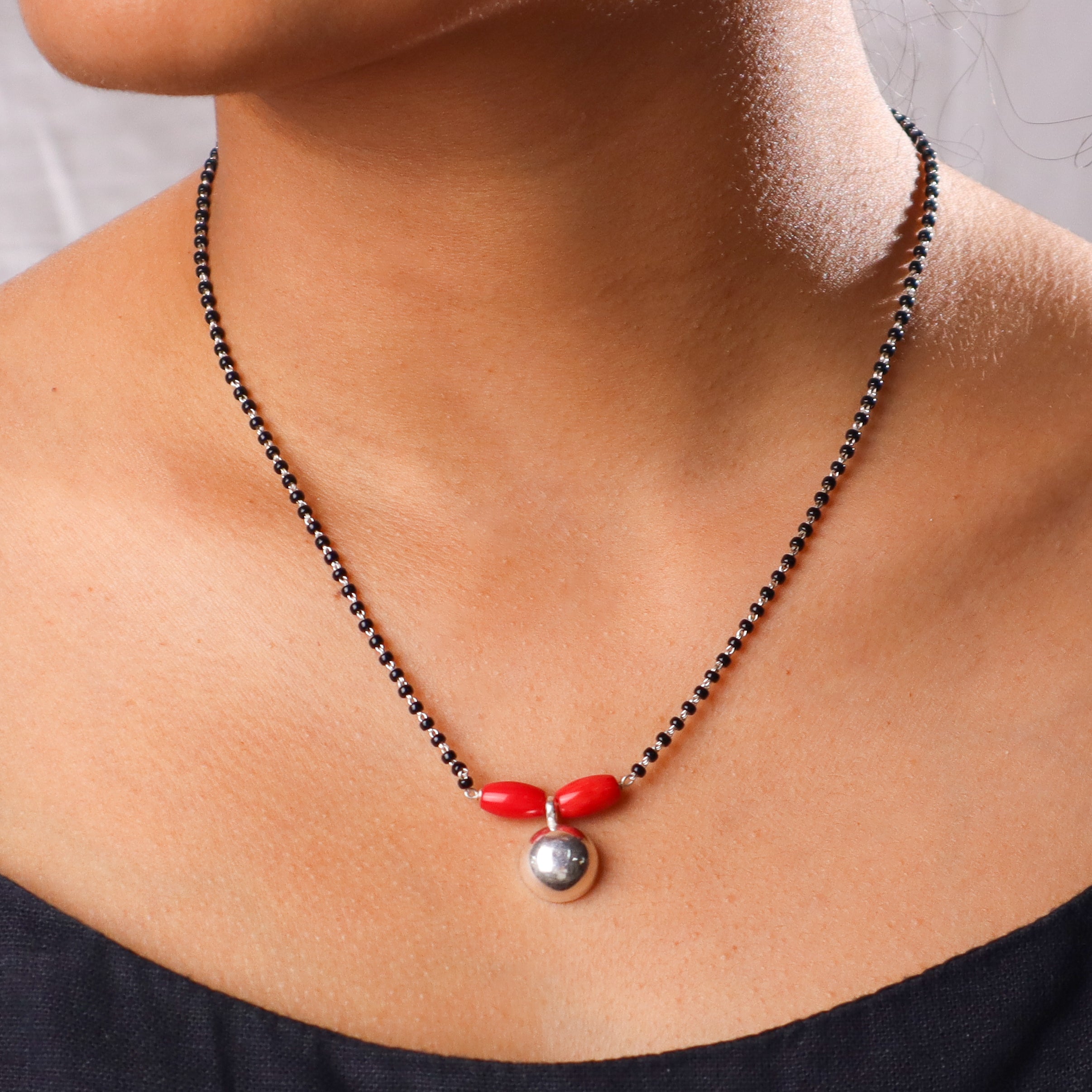 Silver Vatee String Mangalsutra with Coral