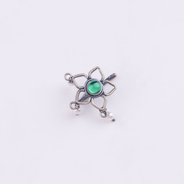 Oxidised Green Flower Clip-On Nose Pin (Large)