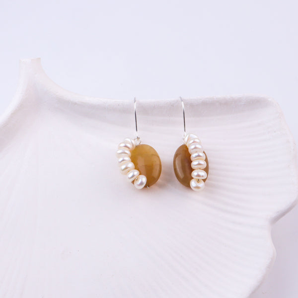 Yellow Agate & Freshwater Pearl Silver Earrings (Project Handmade)