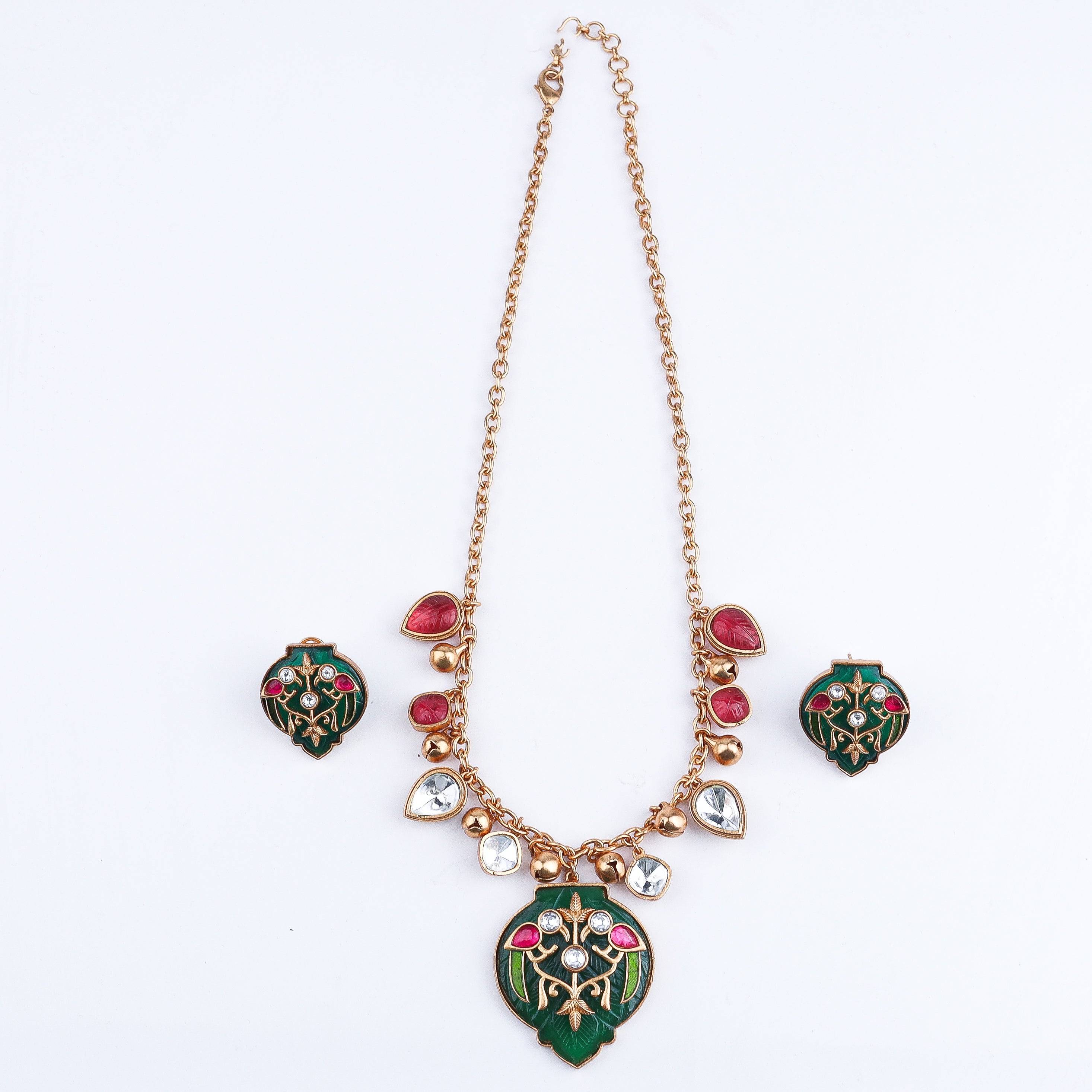Detailed view of the 22K gold-plated fashion set highlighting intricate motifs, textured detailing, and premium 22K gold-plated finish