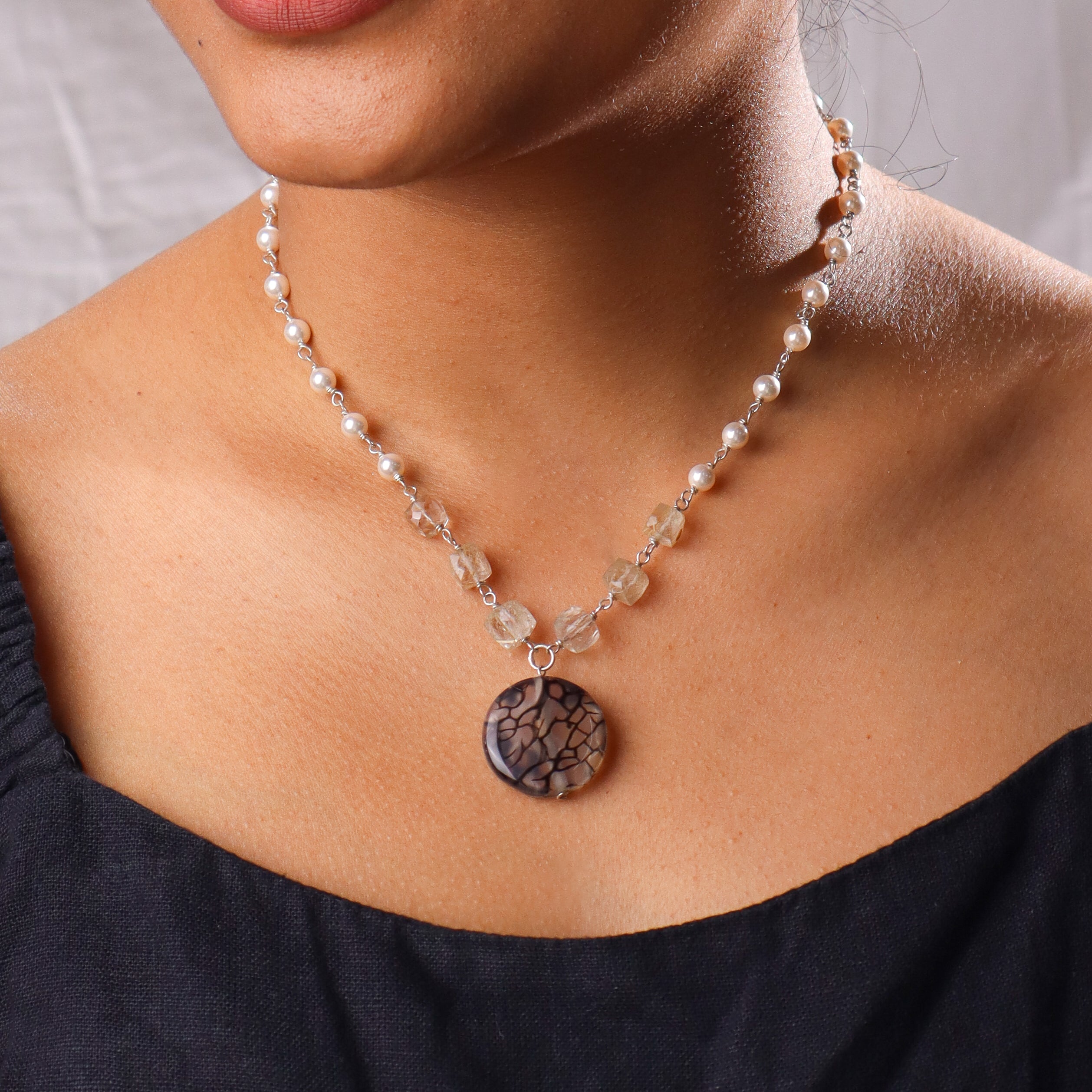 Multicolour Stone Necklace with Pearl Ganthan