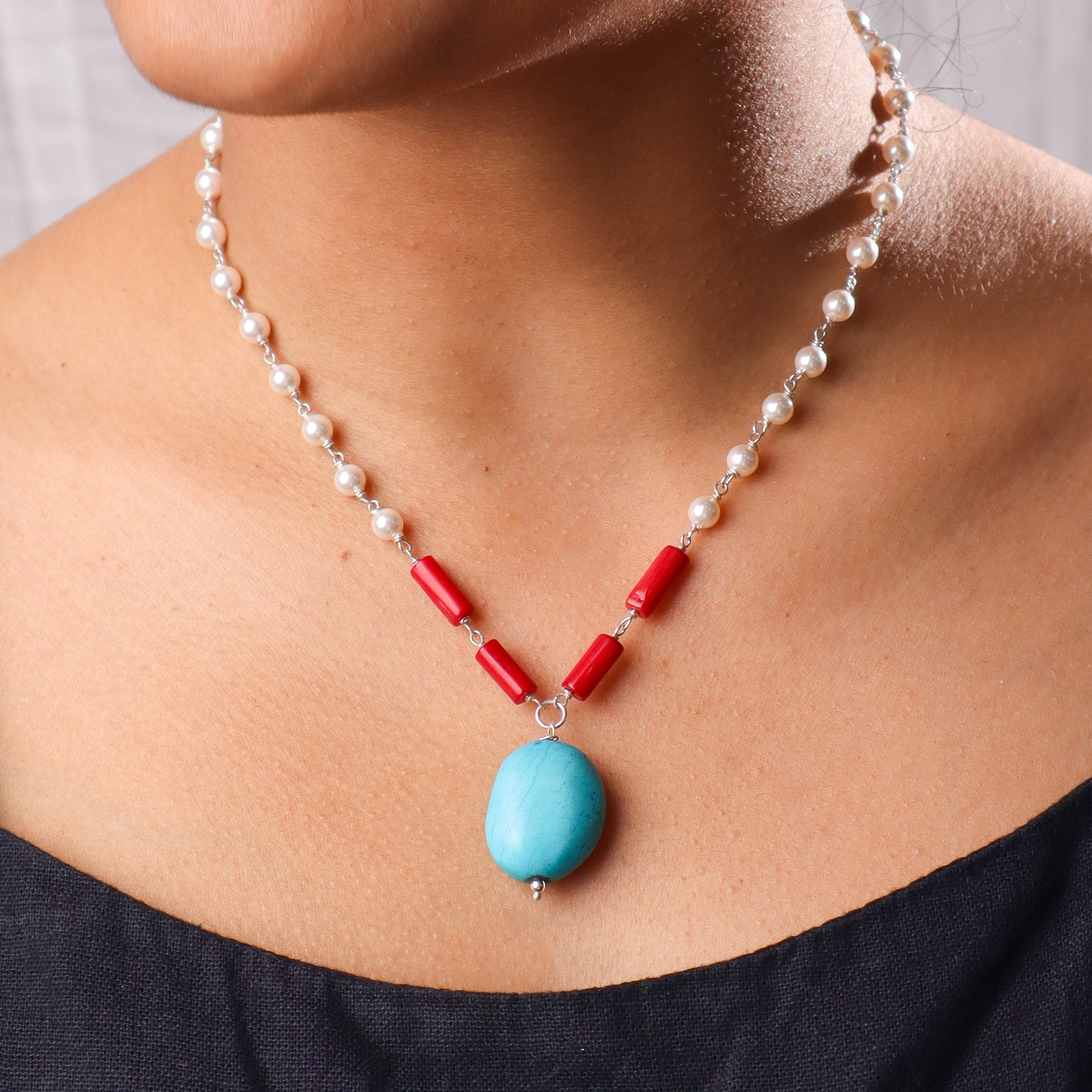 Multicolour Stone Necklace with Pearl Ganthan