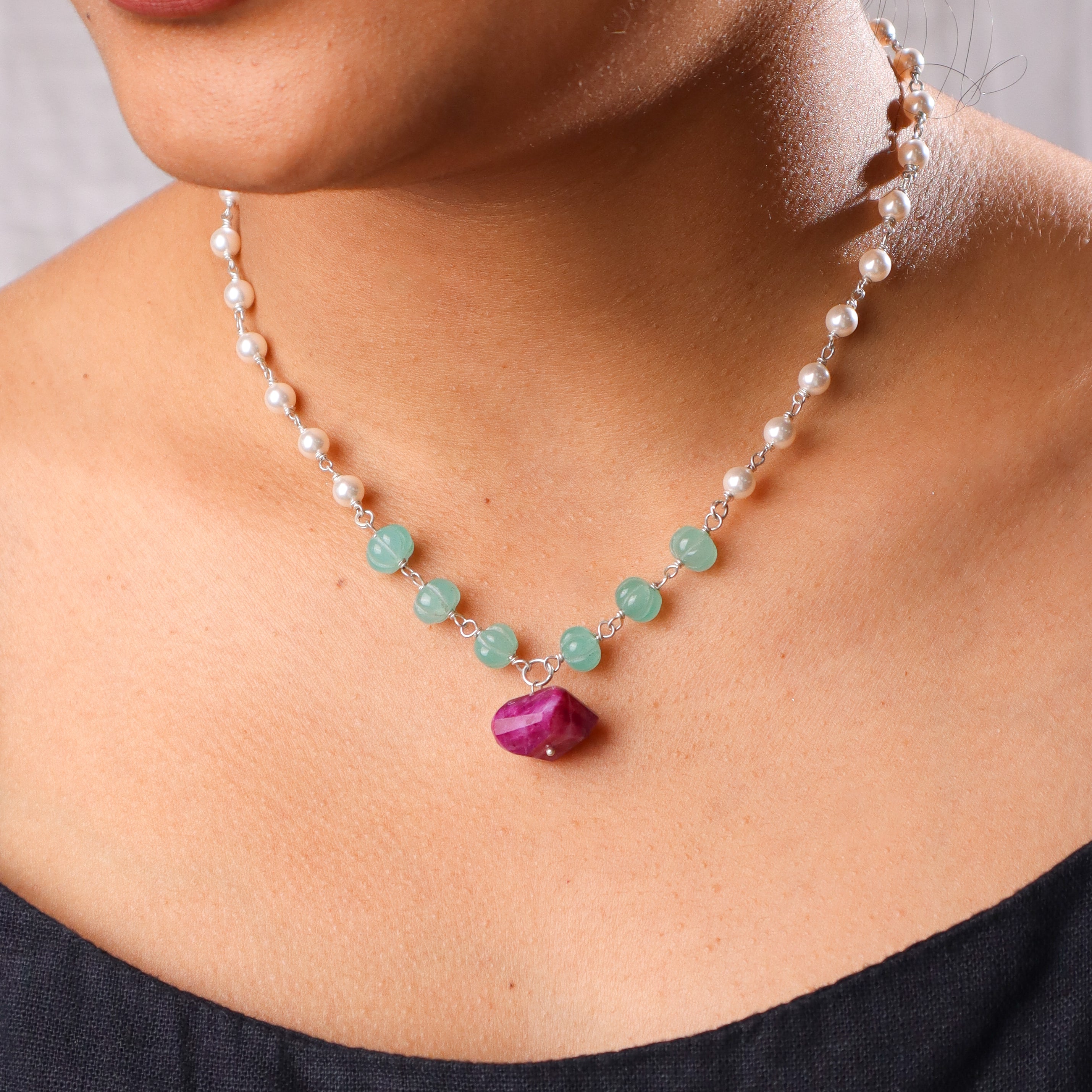 Multicolour Stone Necklace with Pearl Ganthan