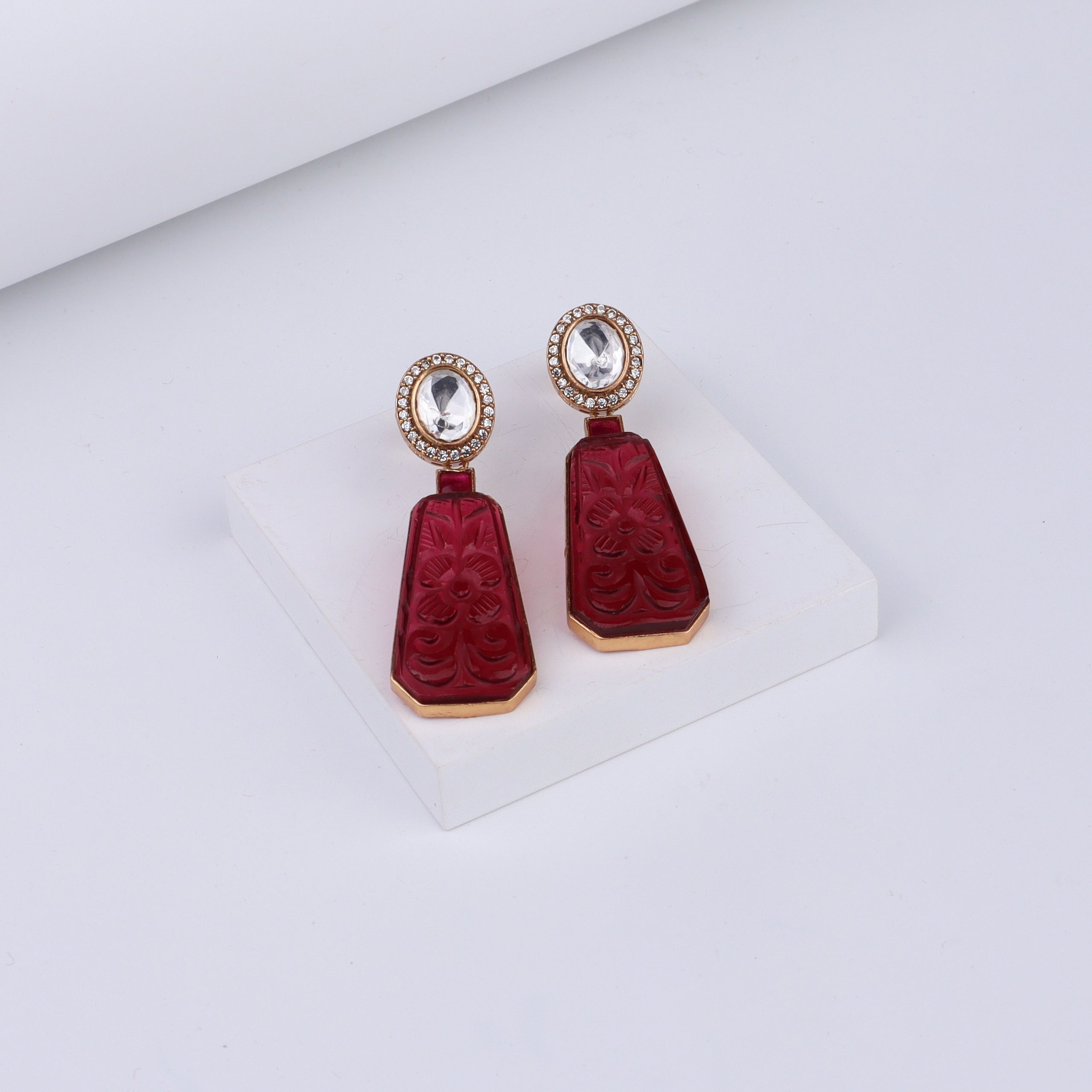 Gold Plated Silver Carved Stone Earring