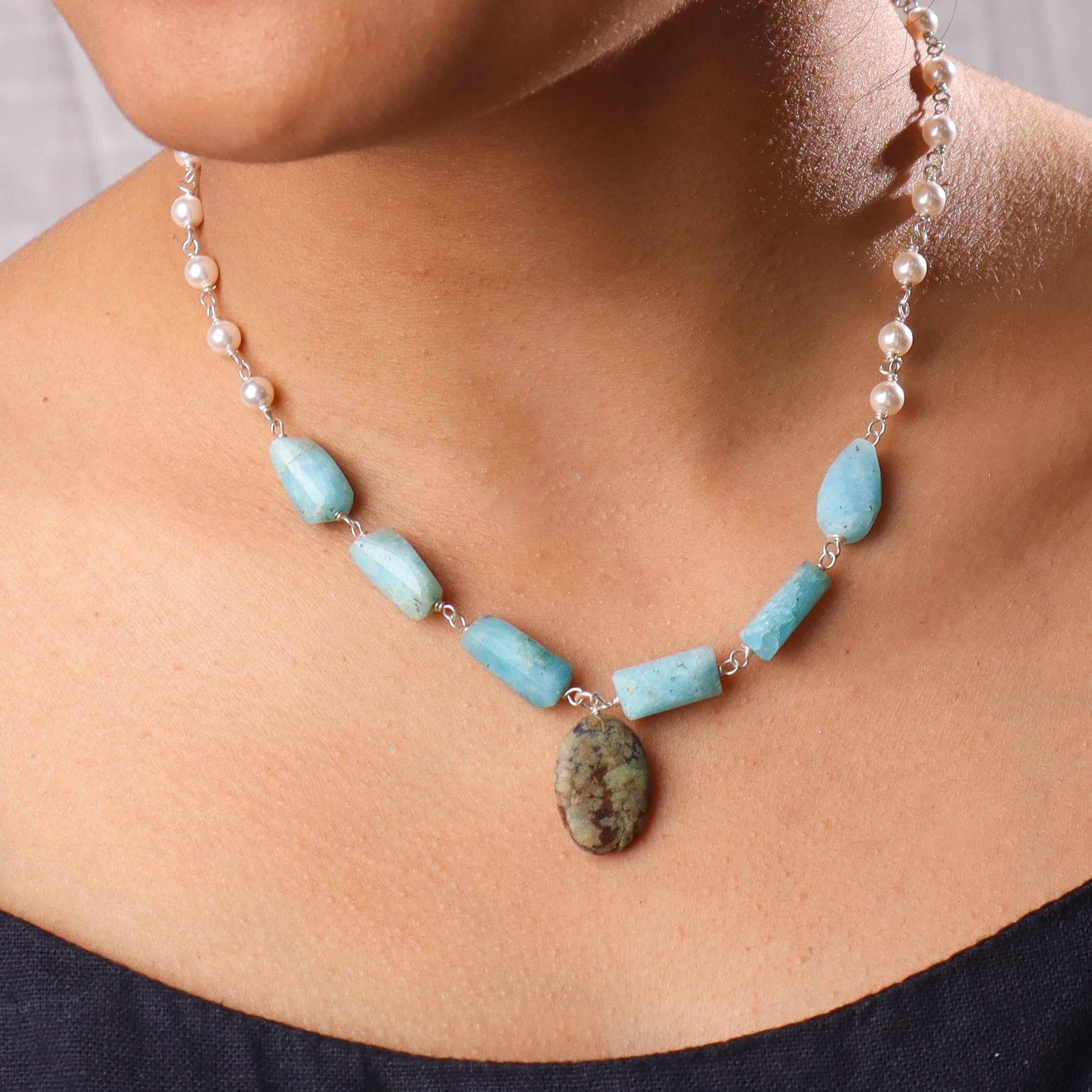 Multicolour Stone Necklace with Pearl Ganthan