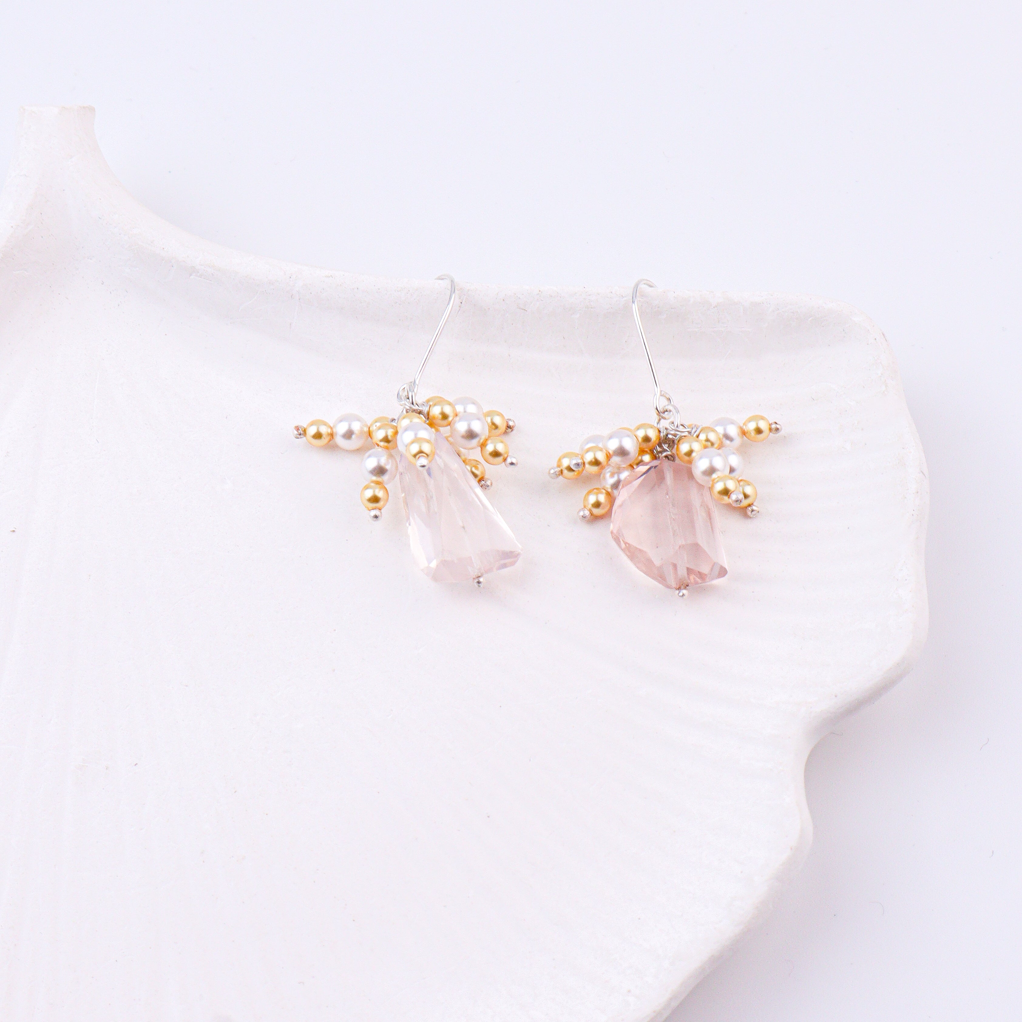 Rose Quartz, Golden & White Pearl Silver Earrings (Project Handmade)