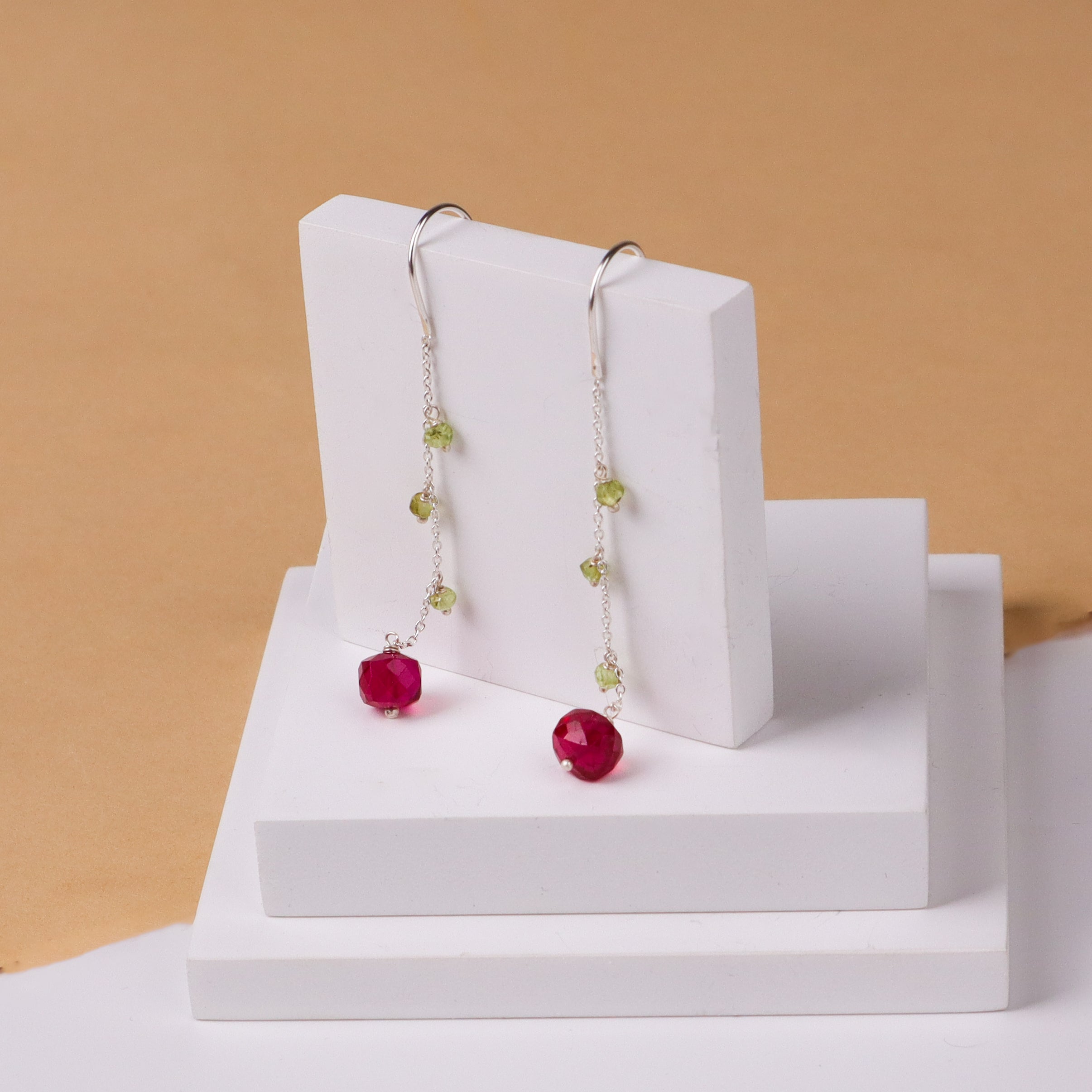 Silver Danglers Earring with Ruby and Peridot