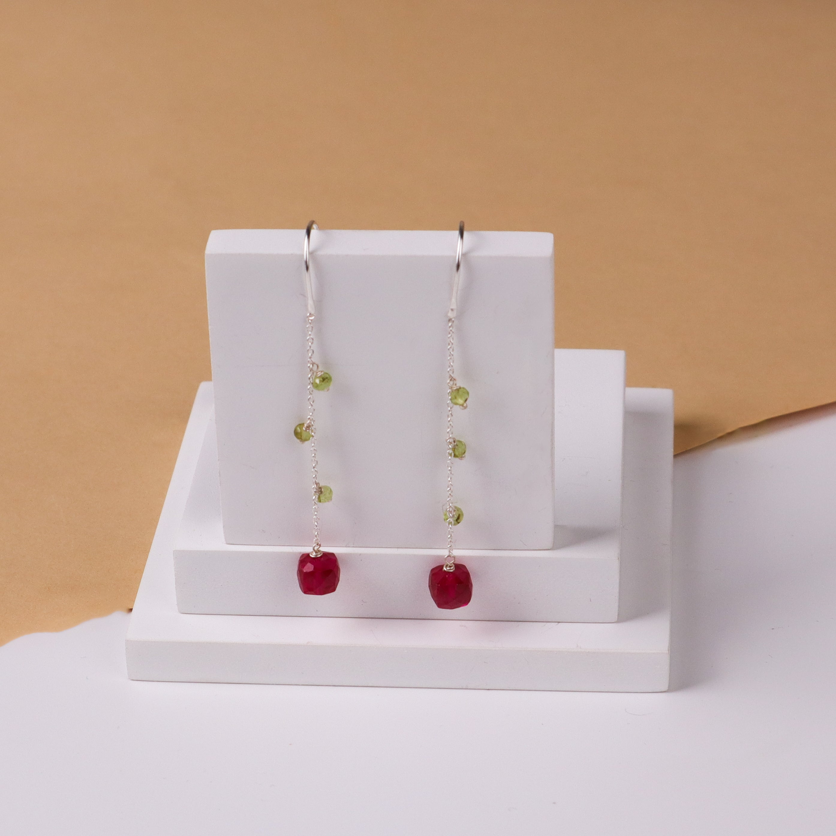 Silver Danglers Earring with Ruby and Peridot