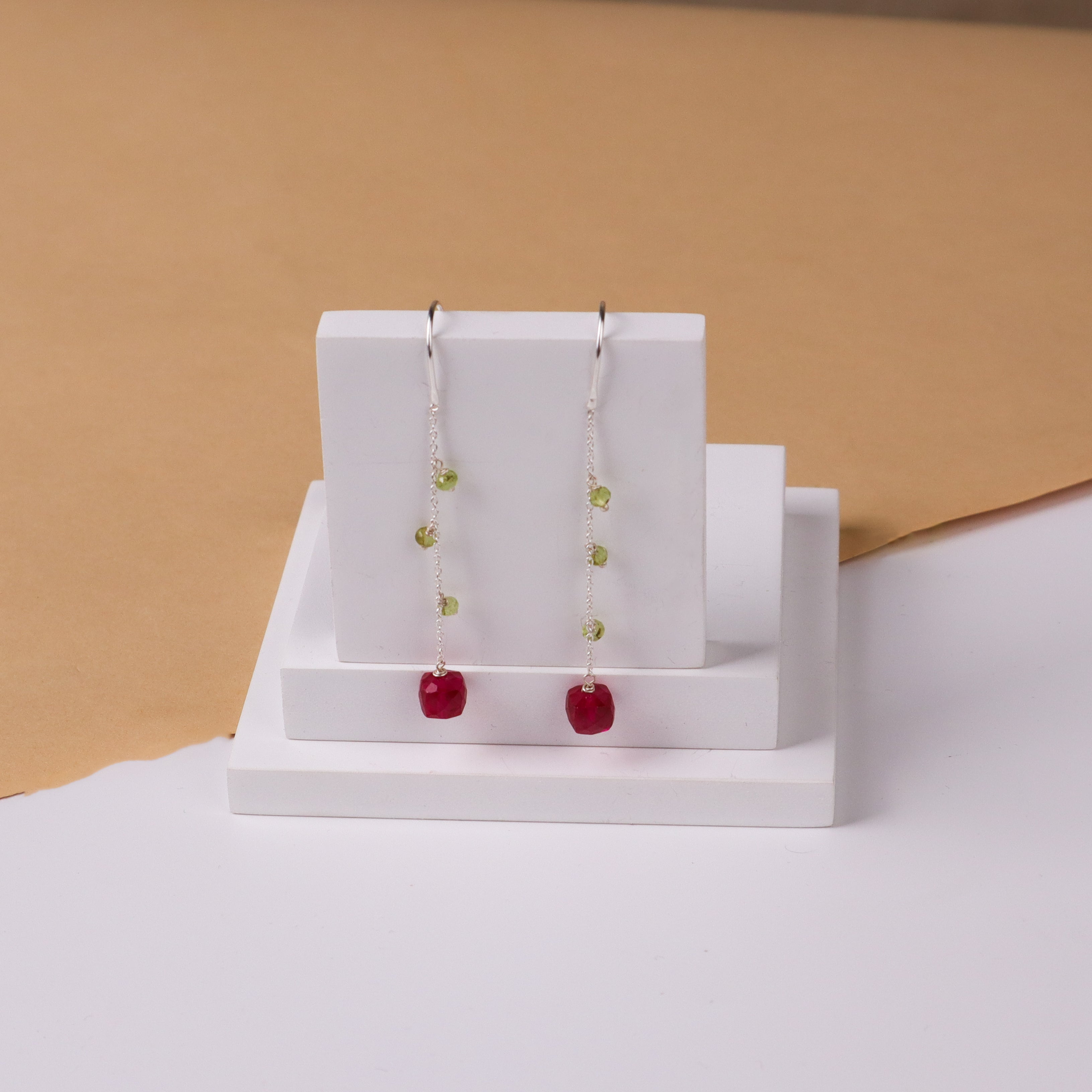 Silver Danglers Earring with Ruby and Peridot