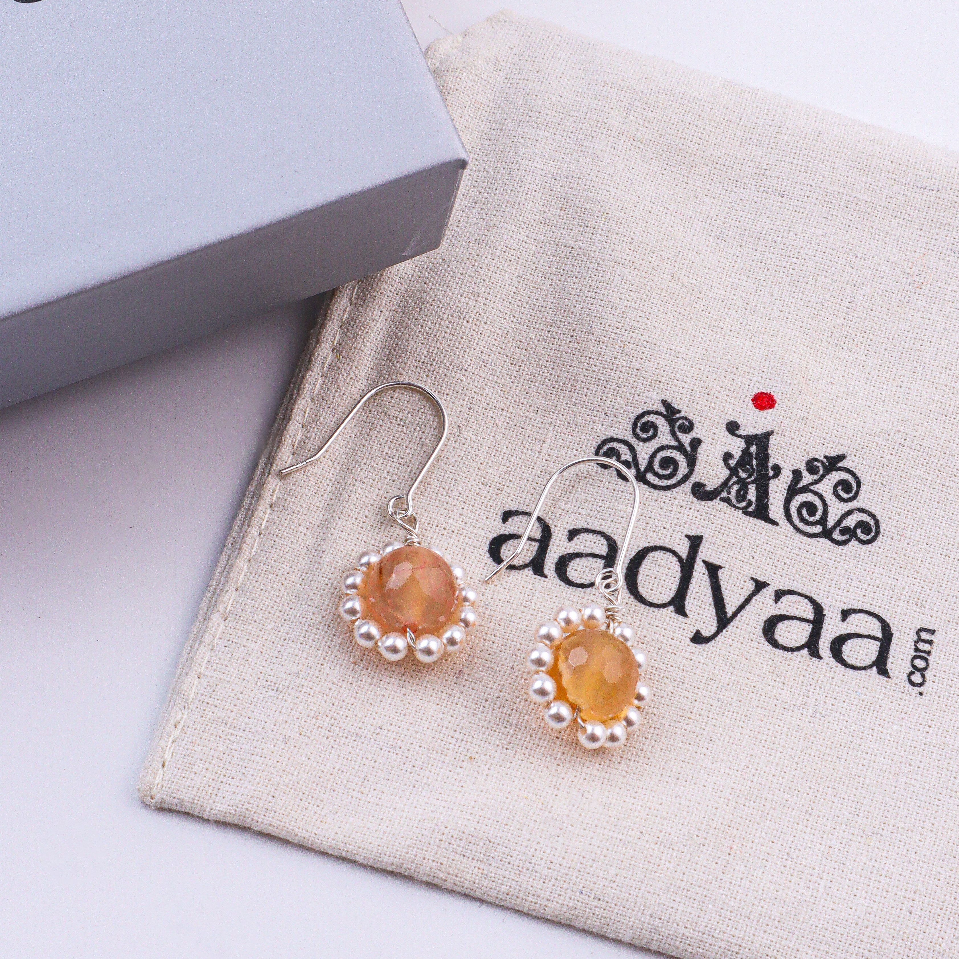 Yellow Agate & Pearl Silver Earrings (Project Handmade)