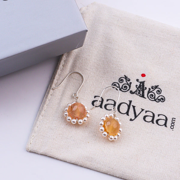 Yellow Agate & Pearl Silver Earrings (Project Handmade)