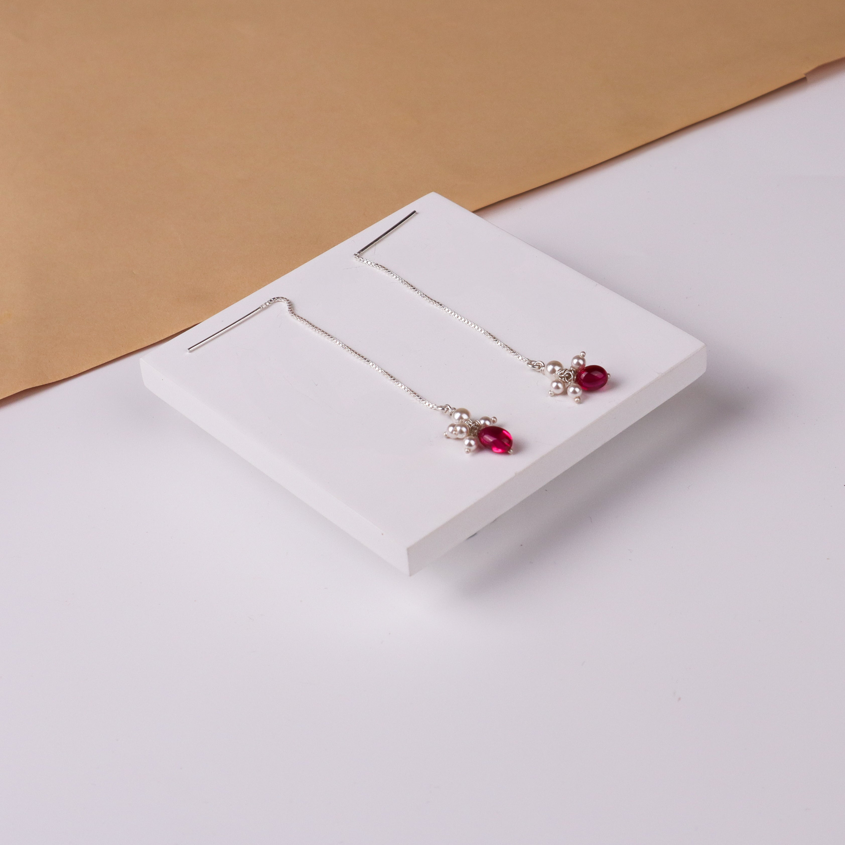 Silver Ruby and Pearl Sui Dhaaga Earring