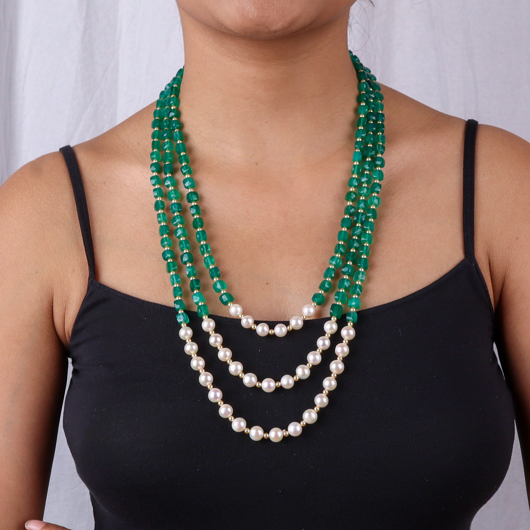 Luxe Necklace - Green Onyx, Fresh Water & Golden Pearls