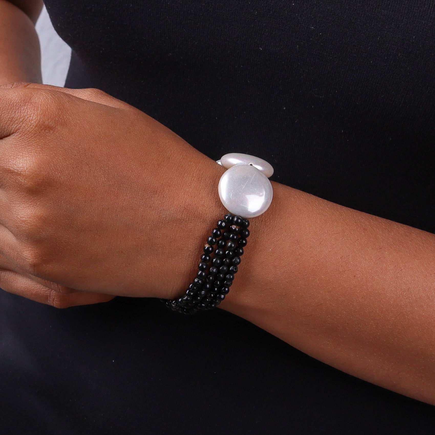 Half & Half Bracelet - Black Tourmaline & Coin Pearls