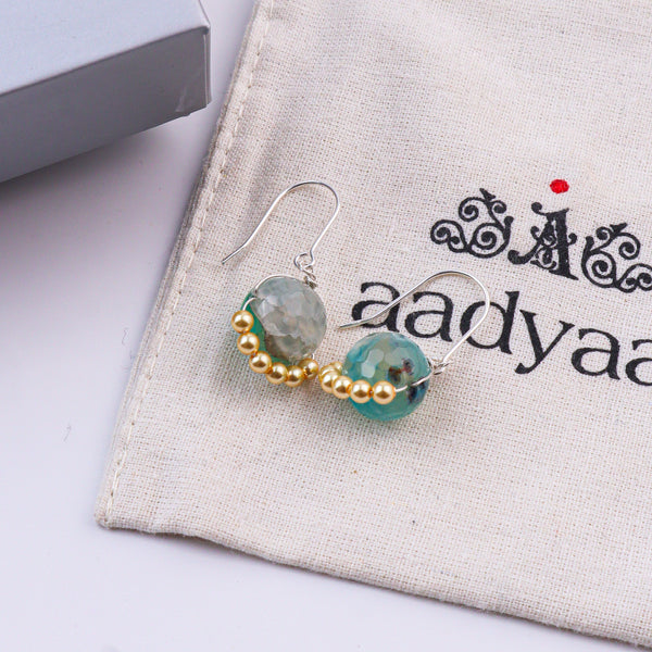 Blue Agate & Golden Pearl Silver Earrings (Project Handmade)