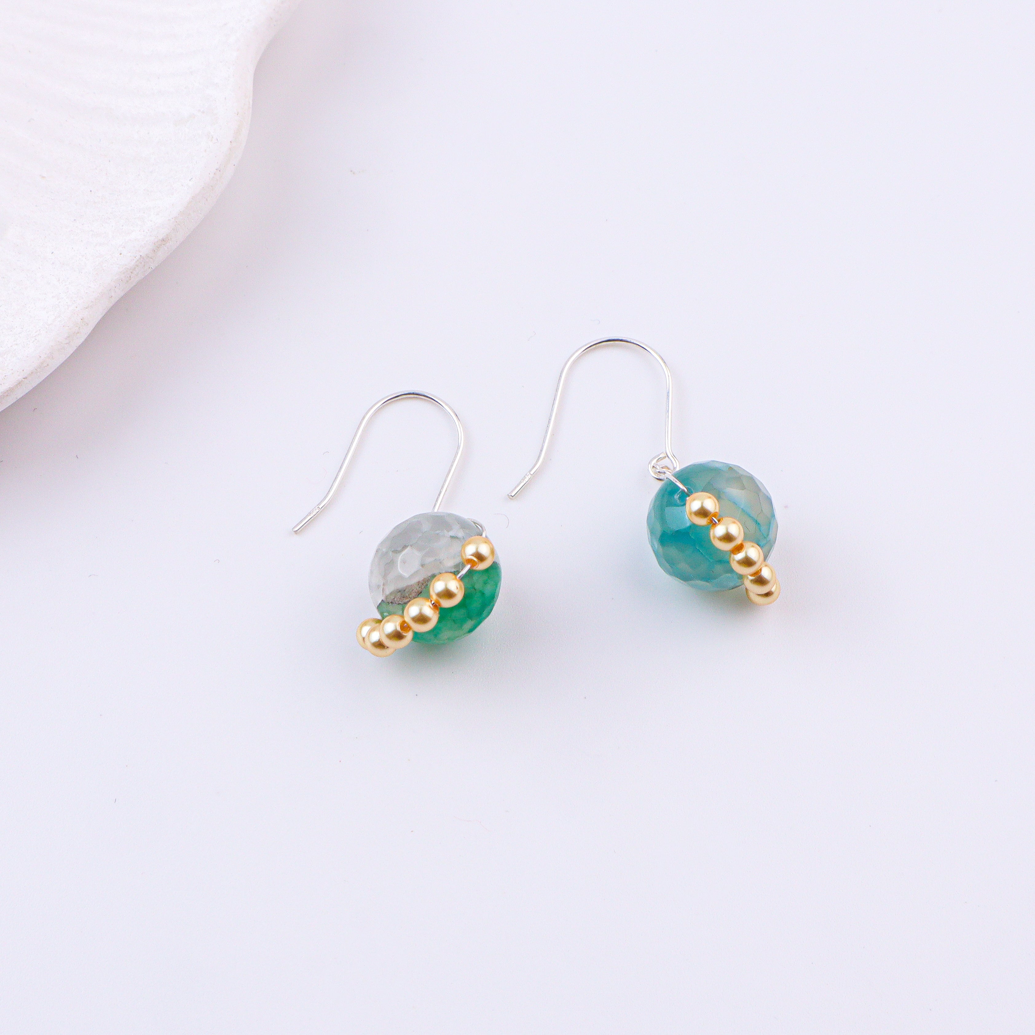 Blue Agate & Golden Pearl Silver Earrings (Project Handmade)