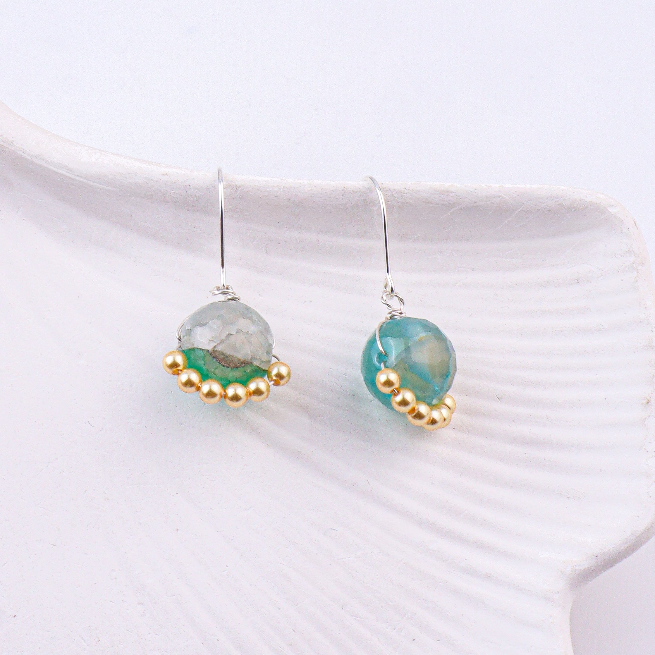 Blue Agate & Golden Pearl Silver Earrings (Project Handmade)