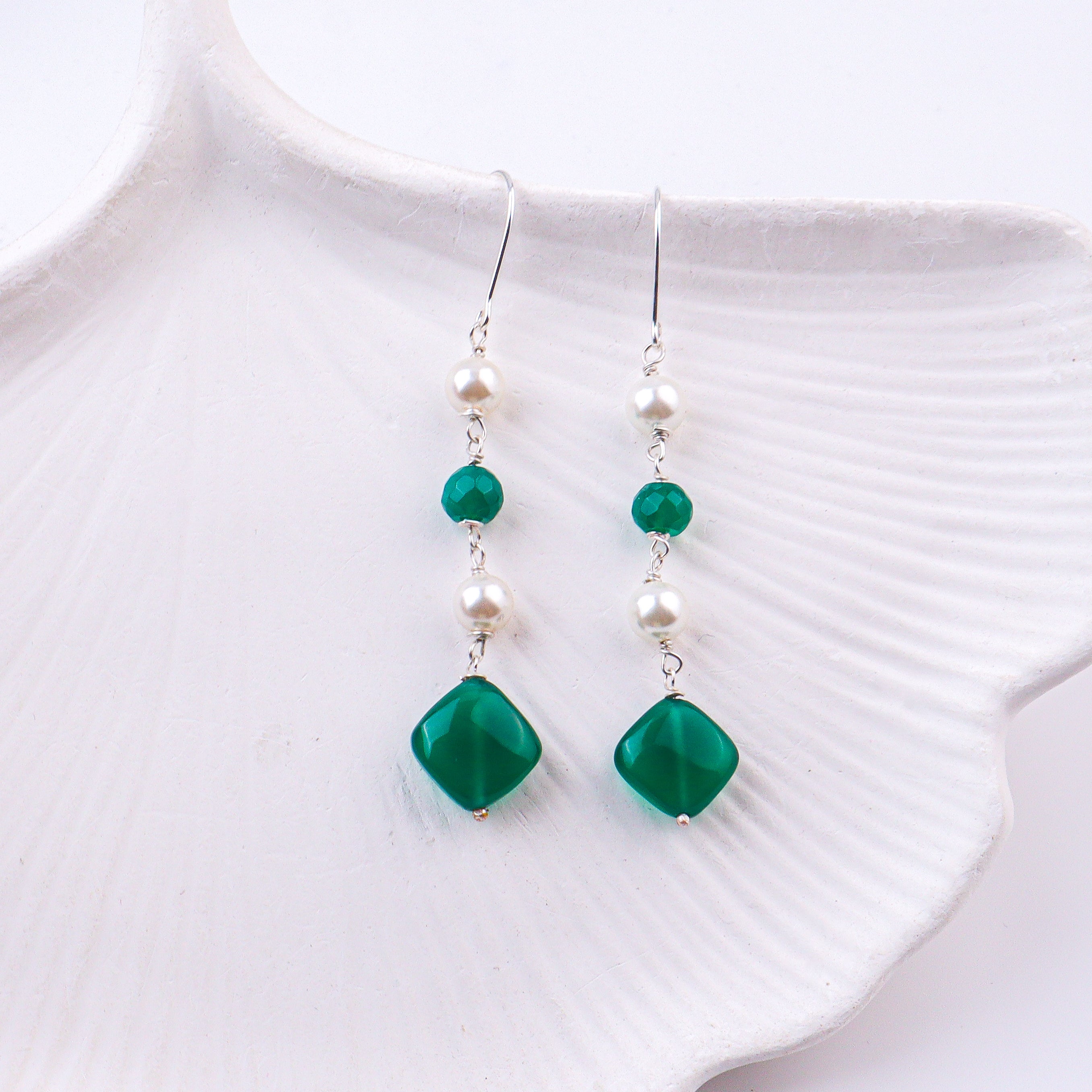 Green Onyx & Pearl Silver Earrings (Project Handmade)