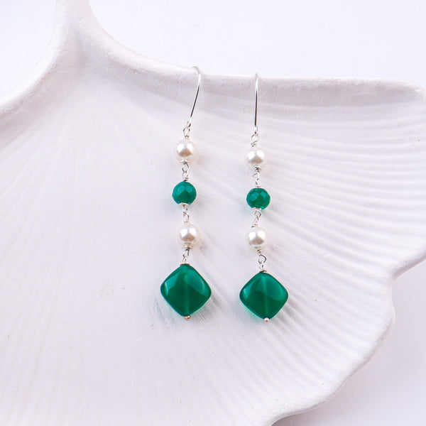 Green Onyx & Pearl Silver Earrings (Project Handmade)