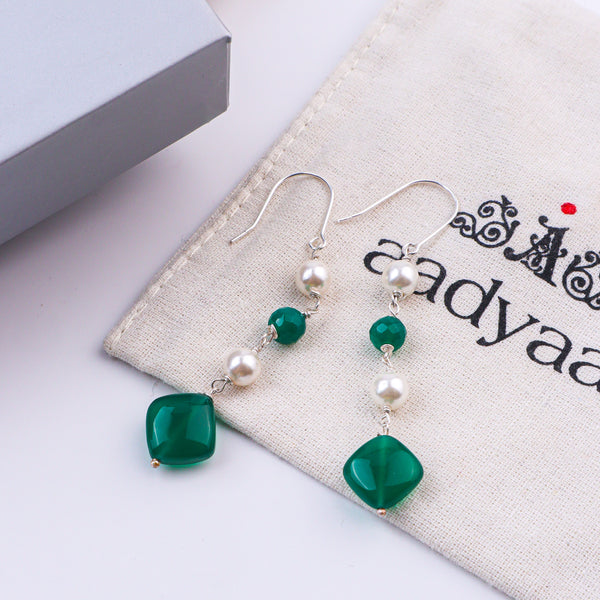 Green Onyx & Pearl Silver Earrings (Project Handmade)