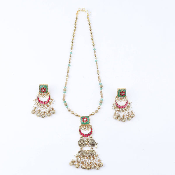 Detailed view of the 22K gold-plated fashion set highlighting intricate motifs, textured detailing, and premium 22K gold-plated finish