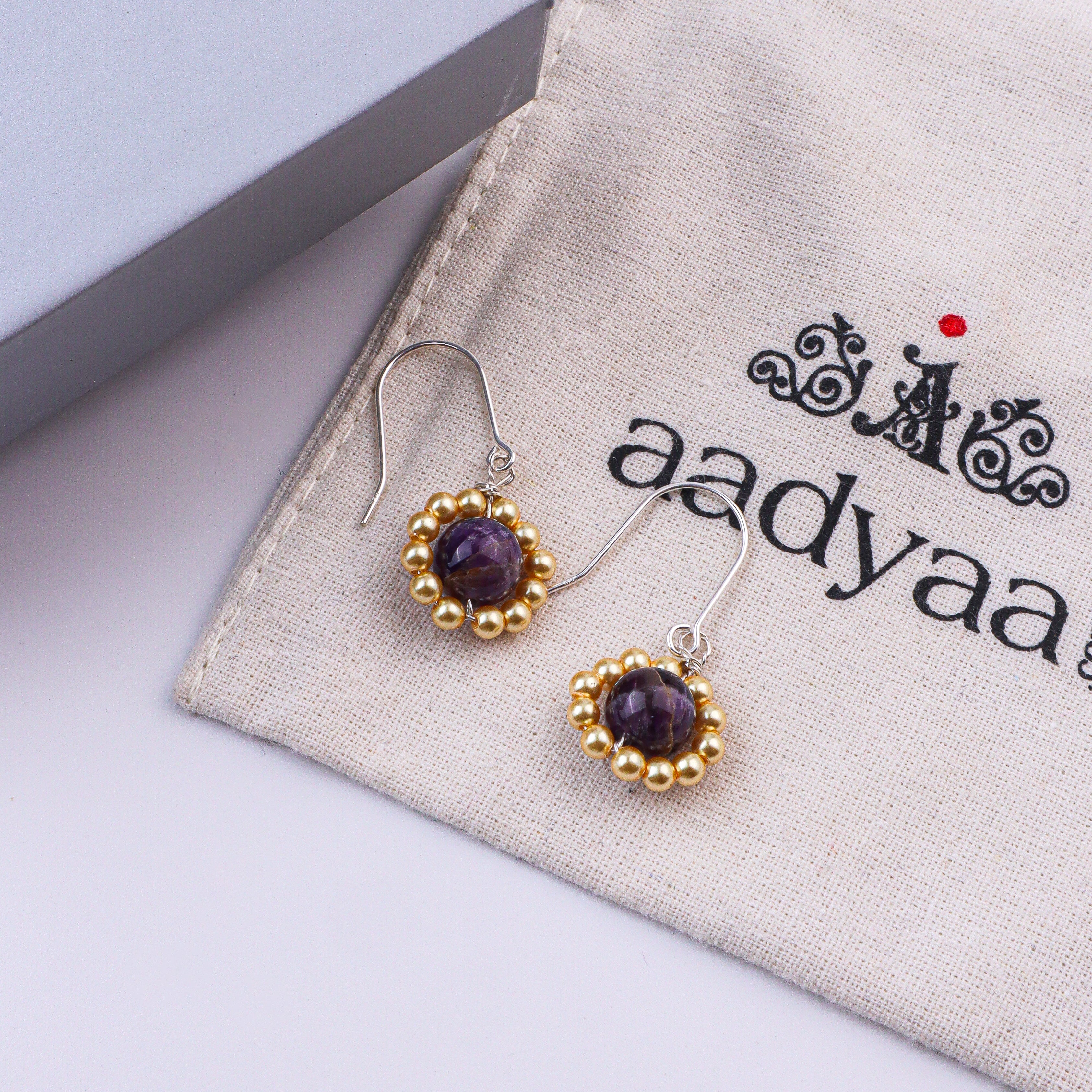 Purple Agate & Golden Pearl Silver Earrings (Project Handmade)