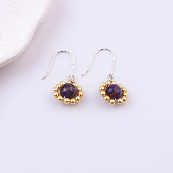 Purple Agate & Golden Pearl Silver Earrings (Project Handmade)