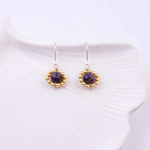 Purple Agate & Golden Pearl Silver Earrings (Project Handmade)