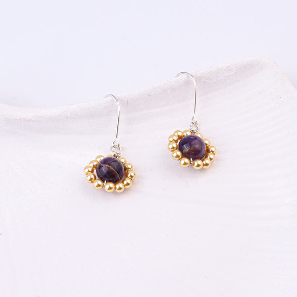Purple Agate & Golden Pearl Silver Earrings (Project Handmade)