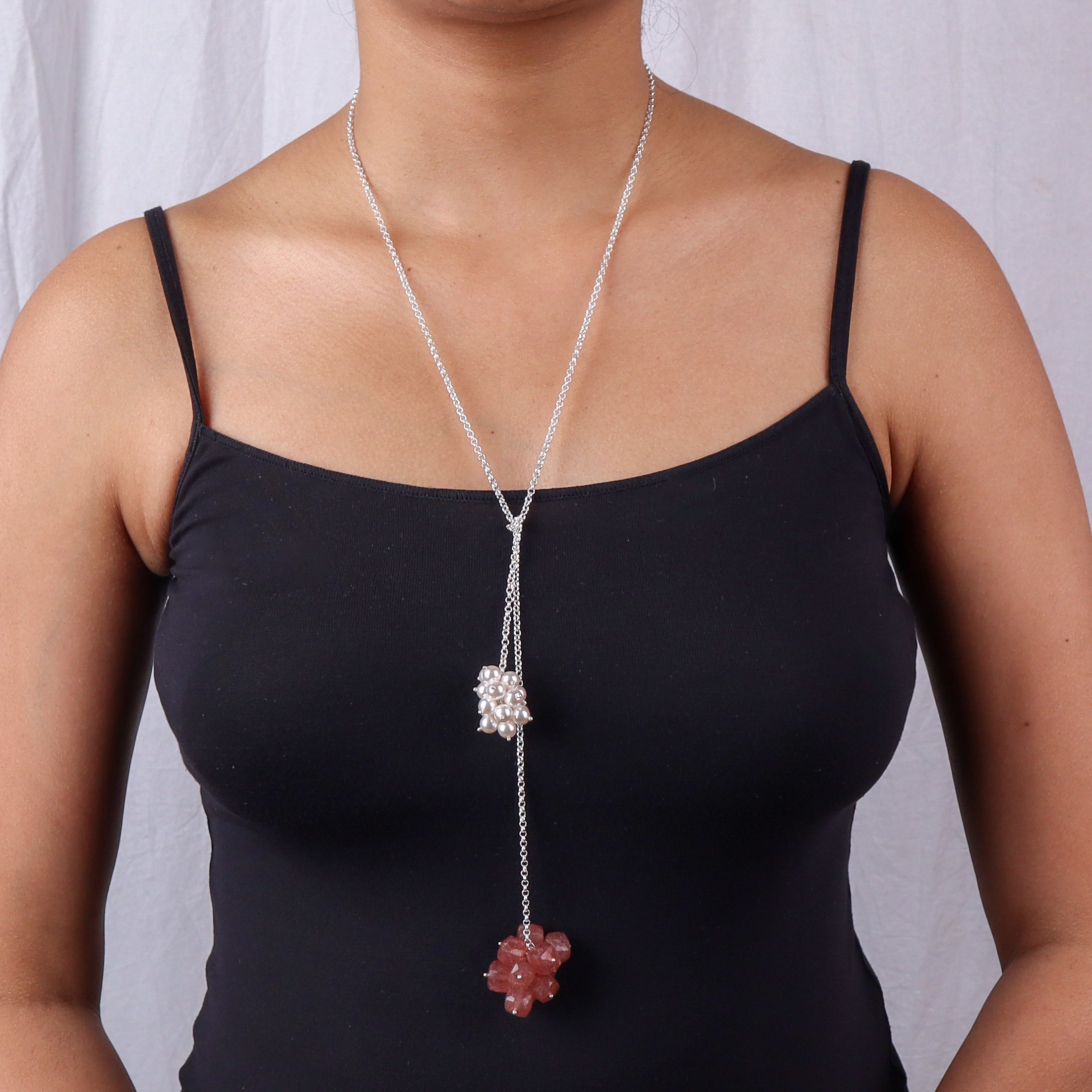 Tie & Wear Necklace - Strawberry Quartz & Pearls