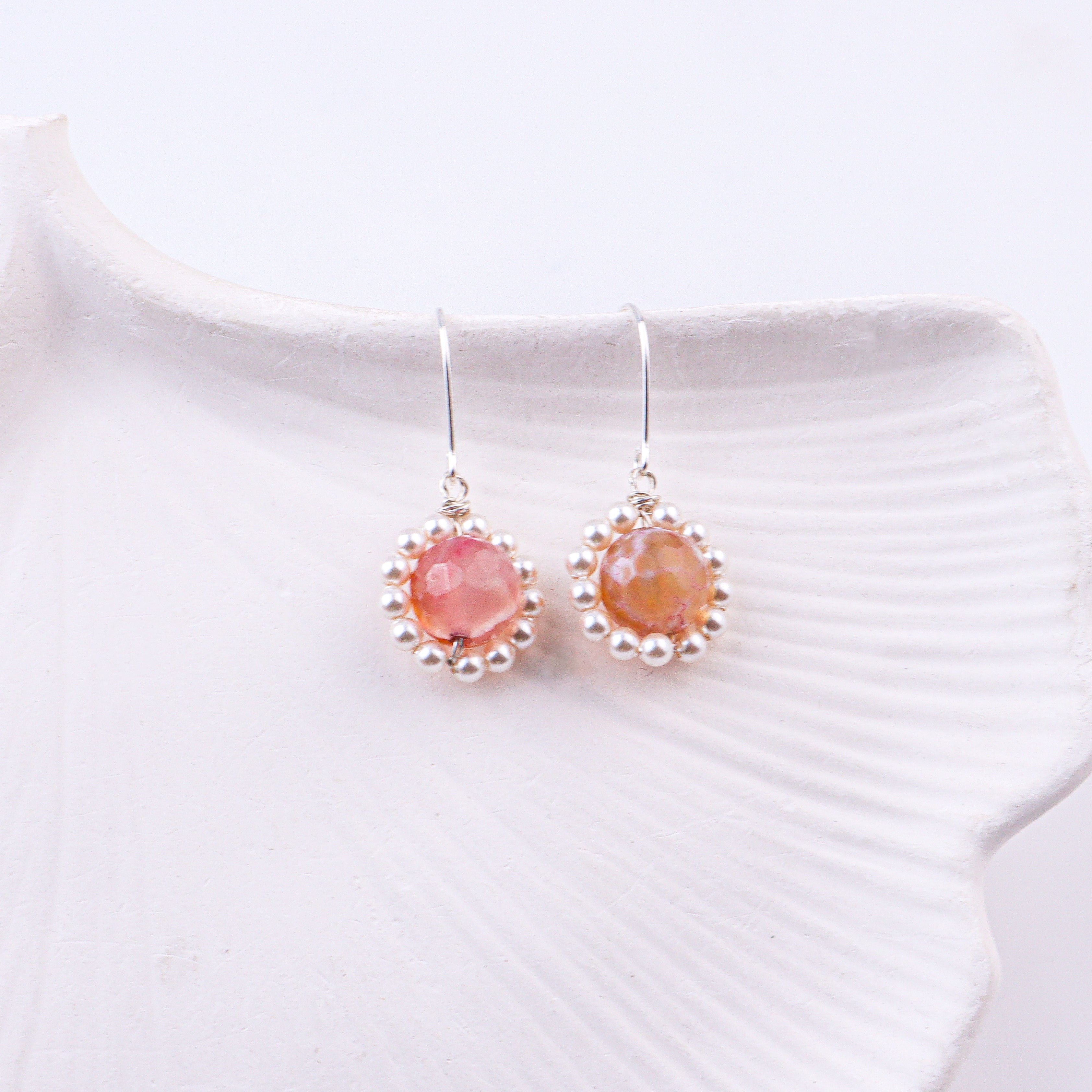 Peach Agate & Pearl Silver Earrings (Project Handmade)
