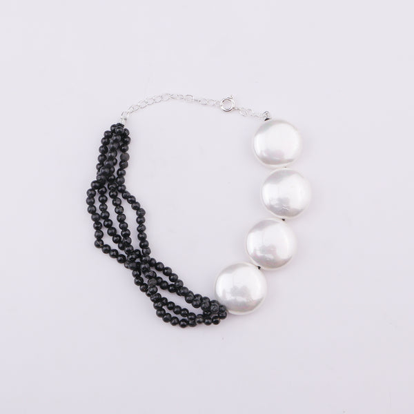 Half & Half Bracelet - Black Tourmaline & Coin Pearls