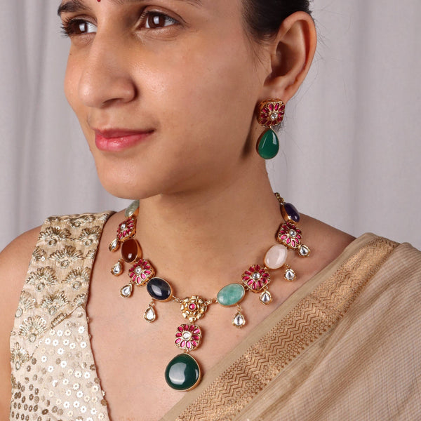 Model wearing 22K gold-plated fashion Set for a sophisticated and elegant jewelry look