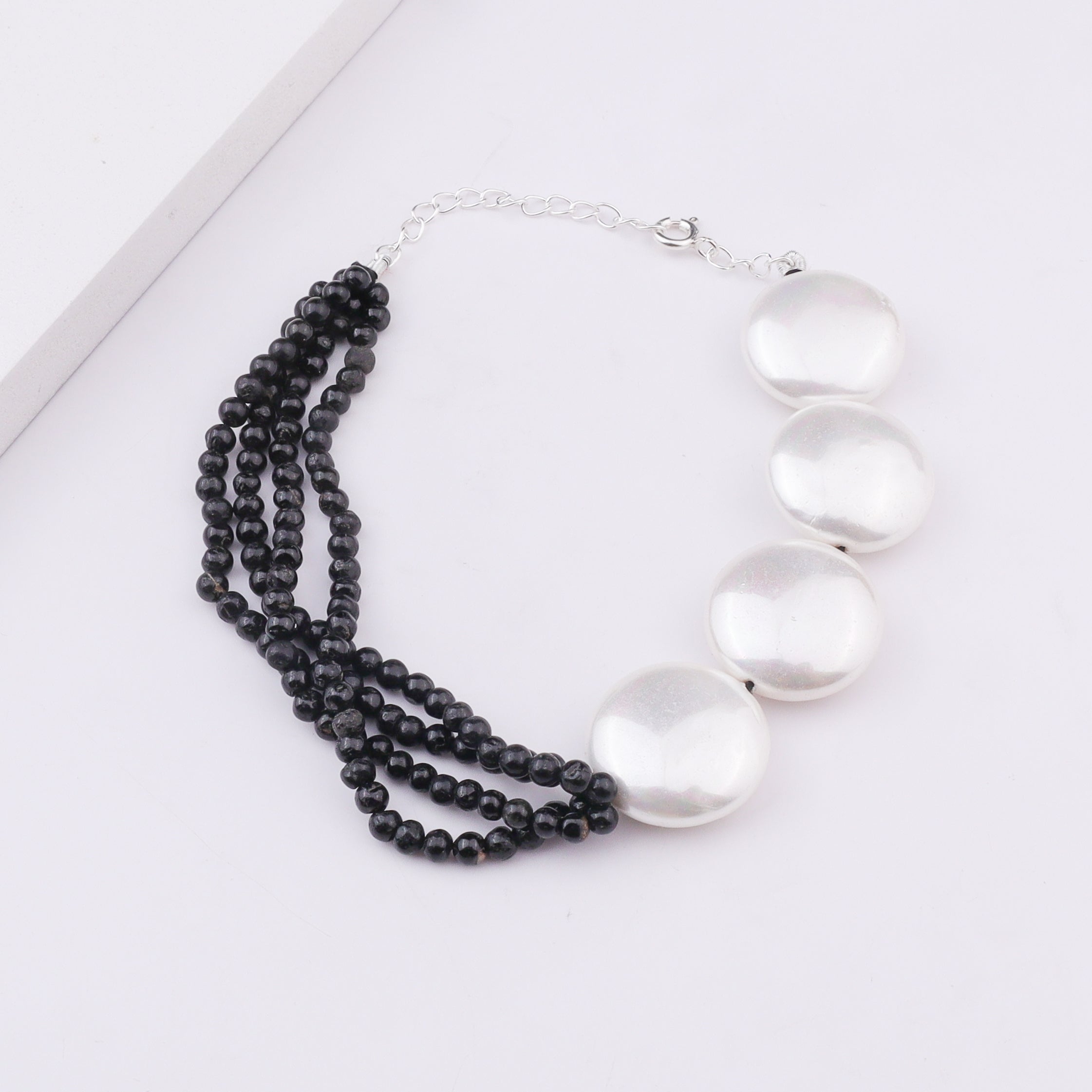 Half & Half Bracelet - Black Tourmaline & Coin Pearls