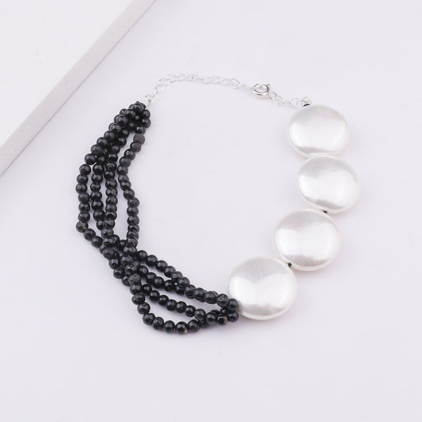 Half & Half Bracelet - Black Tourmaline & Coin Pearls