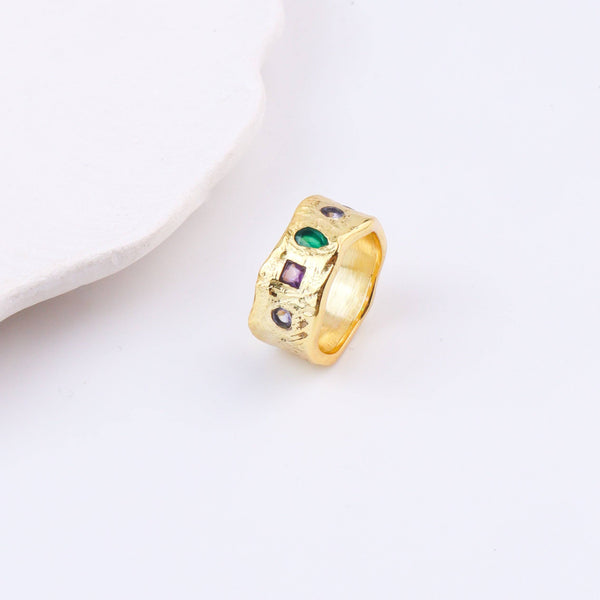 Detailed view of Brass Fashion Ring highlighting intricate motifs, textured surface, and refined brass finish