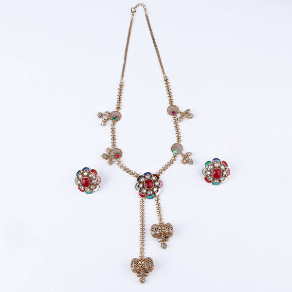 Detailed view of the 22K gold-plated fashion set highlighting intricate motifs, textured detailing, and a premium 22K gold-plated finish