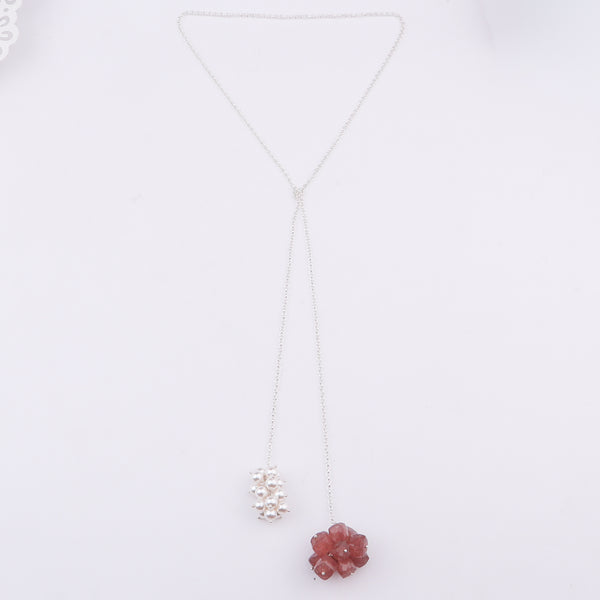 Tie & Wear Necklace - Strawberry Quartz & Pearls