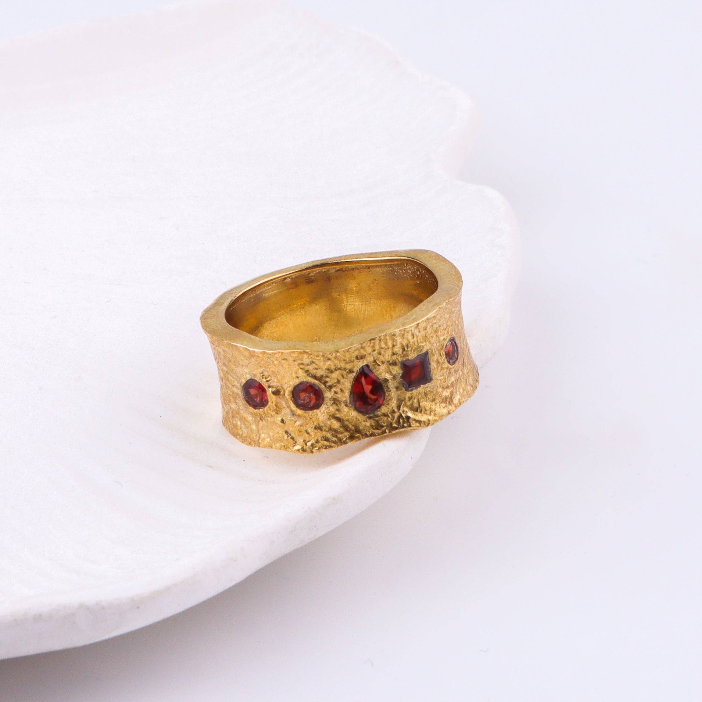 Close-up of a brass fashion ring showcasing intricate detailing, unique design, and fine craftsmanship