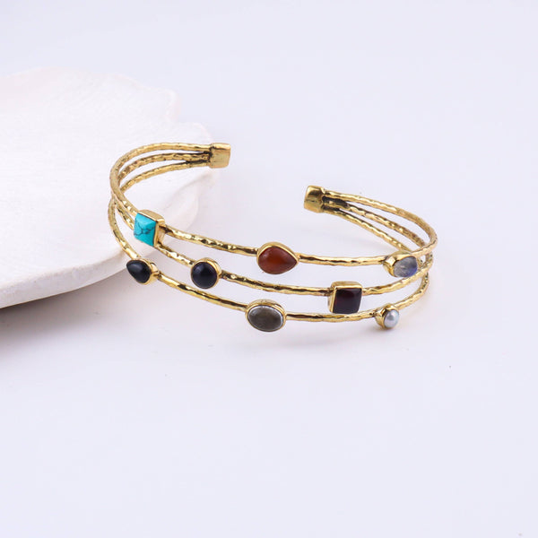 Close-up of a brass fashion bracelet showcasing intricate detailing, textured elements, and fine craftsmanship