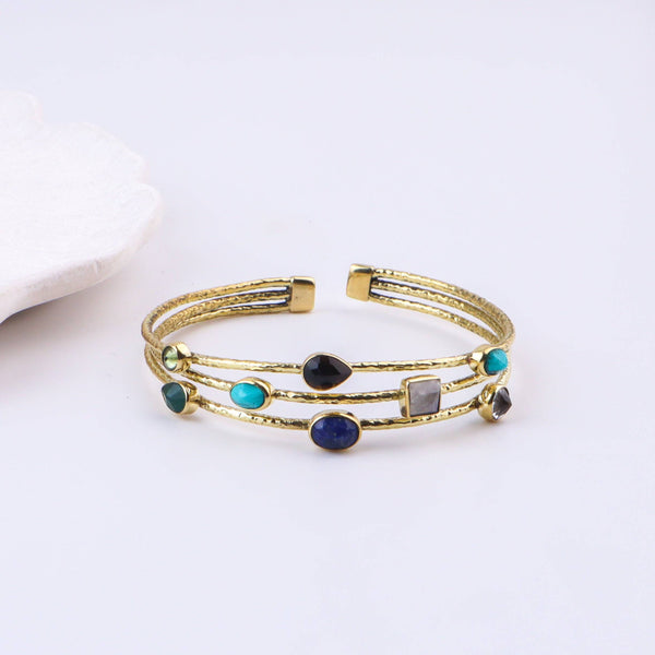 Close-up of a brass fashion bracelet showcasing intricate detailing, textured elements, and fine craftsmanship