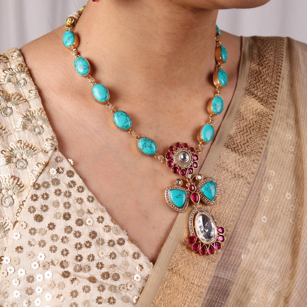 Model wearing 22K gold-plated fashion Set for a sophisticated and elegant jewelry look