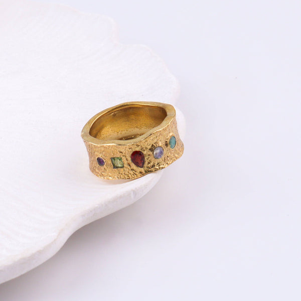 Close-up of a brass fashion ring showcasing intricate detailing, unique design, and fine craftsmanship