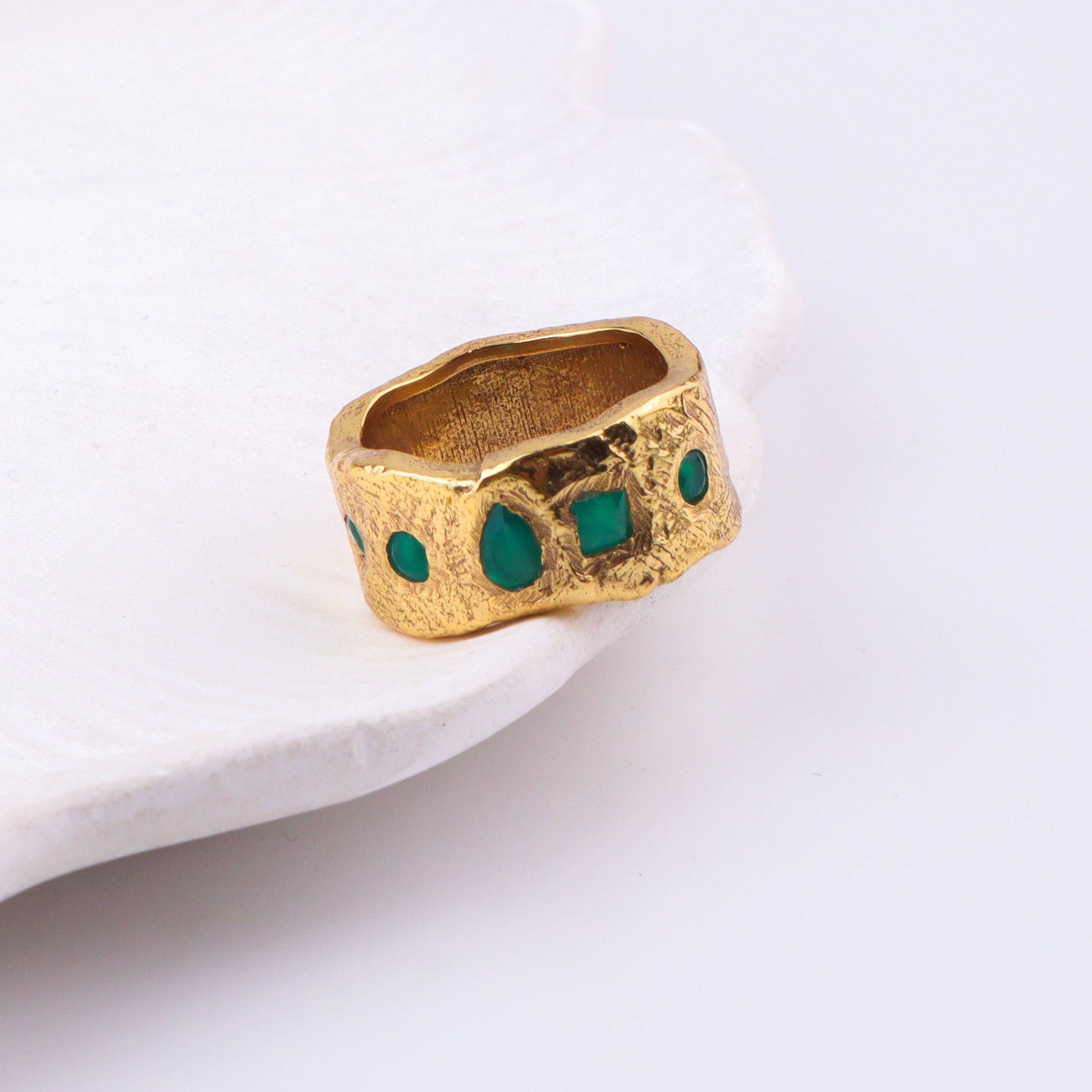 Close-up of a brass fashion ring showcasing intricate detailing, unique design, and fine craftsmanship