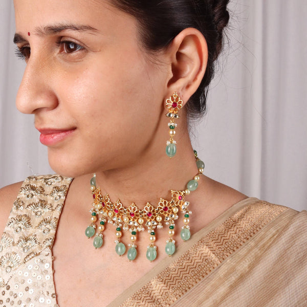 Model wearing 22K gold-plated fashion Set for a sophisticated and elegant jewelry look